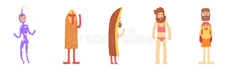 Glad manlig karaktär med rolig kostym och mataruppsättning royaltyfri illustrationer