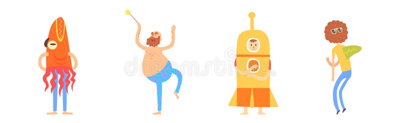 Glad manlig karaktär med rolig kostym och mataruppsättning vektor illustrationer