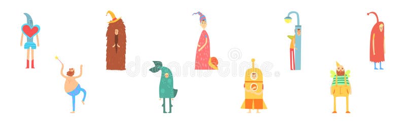 Glad manlig karaktär med rolig kostym och mataruppsättning vektor illustrationer