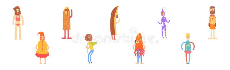 Glad manlig karaktär med rolig kostym och mataruppsättning vektor illustrationer
