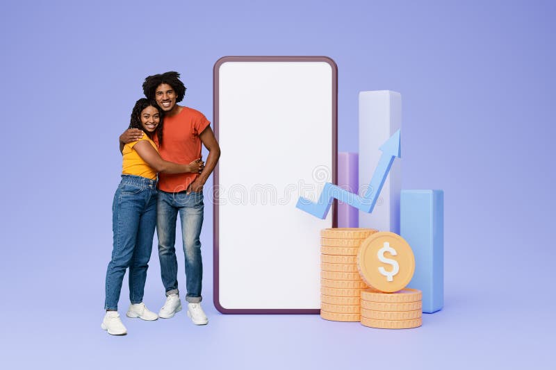 Glad millennial black couple hugs near large phone with empty screen with abstract graph, diagram and dollar stock photos