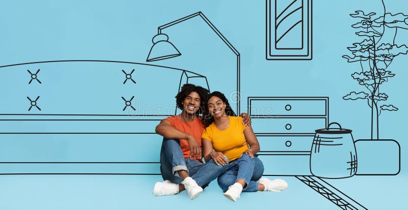 Glad millennial black man and woman hugs, sit on floor, dreams of own new home, isolated on white background stock image