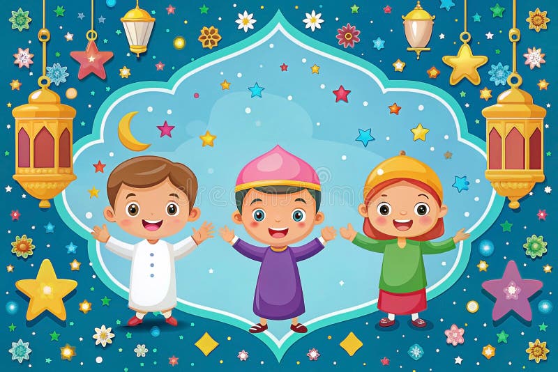 Glad muslimsk barnfest Ramadan-stjärnornas filmkort royaltyfri illustrationer