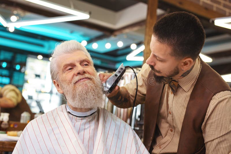 Pleased Mature Man Enjoying His Haircut Stock Photo - Image of barber ...