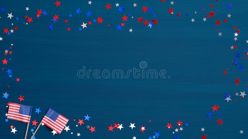 Happy Independence Day, 4th of July greeting card with American flags and confetti stars on blue background. Happy July Fourth concept. Happy Independence Day, 4th of July greeting card with American flags and confetti stars on blue background. Happy July Fourth concept