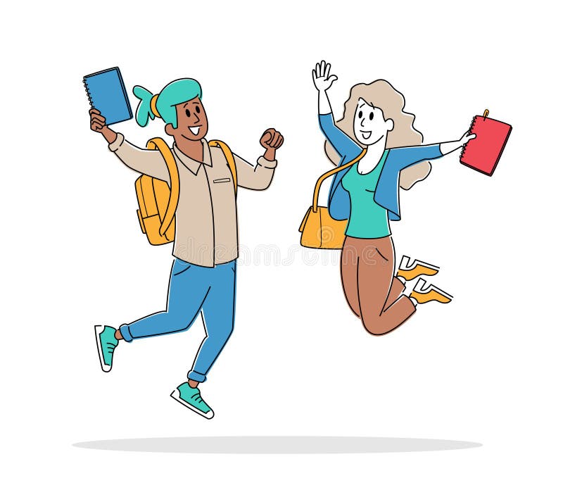 Glad student, manliga och kvinnliga karaktärer som hoppar med bärbara datorer Skolpojke och skolflicka med ryggsäck som vaknar hä vektor illustrationer