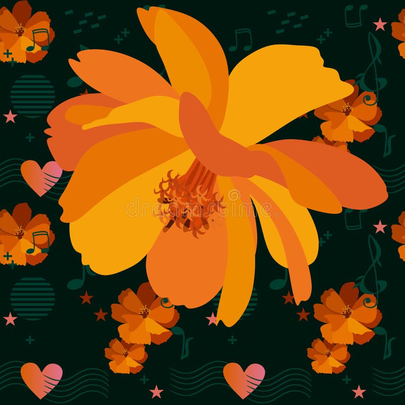 Glad sömlös prydnad med hjärtor, musikaliska symboler, stjärnor och orange blommor av ett kosmos på en mörk bakgrund i en vektor stock illustrationer Glad sömlös prydnad med hjärtor, musikaliska symboler, stjärnor och orange blommor av ett kosmos på en mörk bakgrund i en vektor stock illustrationer