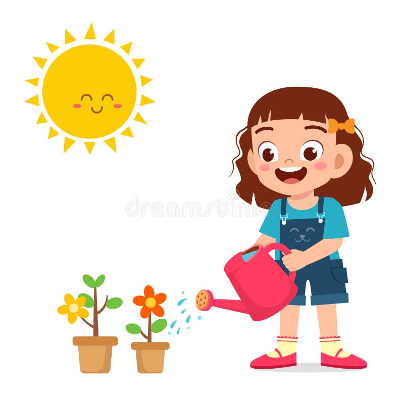 Glad söt liten flicka som vaktar blomman stock illustrationer