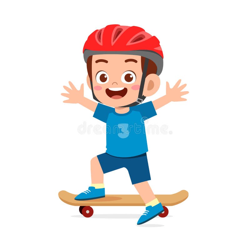 Glad söt liten pojke spelar skateboard royaltyfri illustrationer