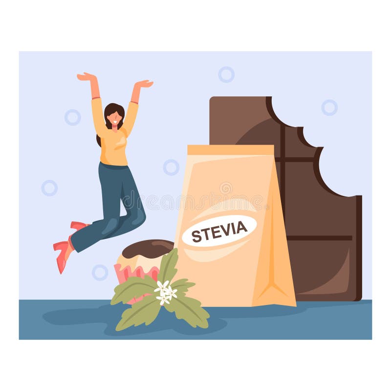 Glad, ung hona som hoppar nära chokladkaka och packar med stevia vektor illustrationer