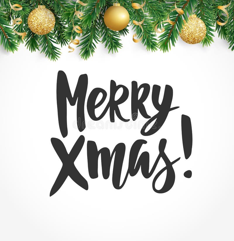 Glad Xmas-text, hand dragen bokstäver Gräns för vinterferie med granträdfilialer vektor illustrationer