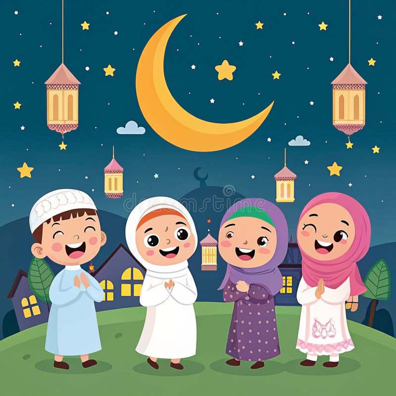 Glade barn firade en religiös tillställning på natten royaltyfri illustrationer