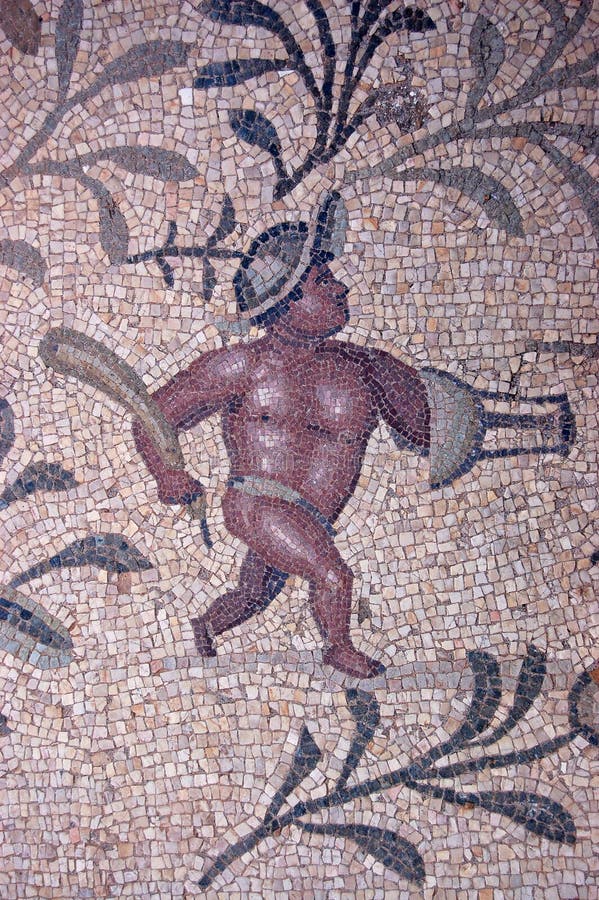 Ancient Roman mosaic of a gladiator. The mosaic is in the garden of the Villa Sileen, near to Leptis Magna in Tripoli, Libya. The series of images show gladiators taking on wild creatures, and not necessarily winning. Ancient Roman mosaic of a gladiator. The mosaic is in the garden of the Villa Sileen, near to Leptis Magna in Tripoli, Libya. The series of images show gladiators taking on wild creatures, and not necessarily winning.