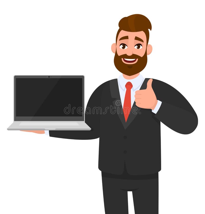 Gladlynt affärsman som rymmer eller visar en senast nytt PC och göra en gest för märkesbärbar datordator som gör tummar upp tecke