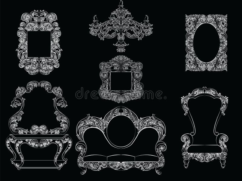 Glamorous Rich Baroque Rococo Furniture set. French Luxury rich carved ornaments furniture. Vector Victorian exquisite Style decor vector illustration Glamorous Rich Baroque Rococo Furniture set. French Luxury rich carved ornaments furniture. Vector Victorian exquisite Style decor vector illustration