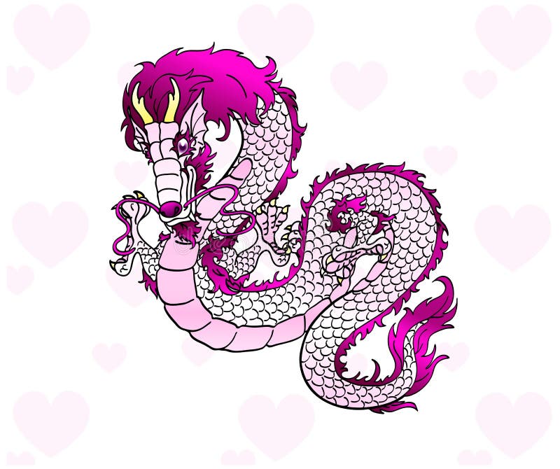 Glamorous white Asian dragon on hearts. Glamorous white with pink metal an Asian dragon against hearts vector illustration Glamorous white Asian dragon on hearts. Glamorous white with pink metal an Asian dragon against hearts vector illustration