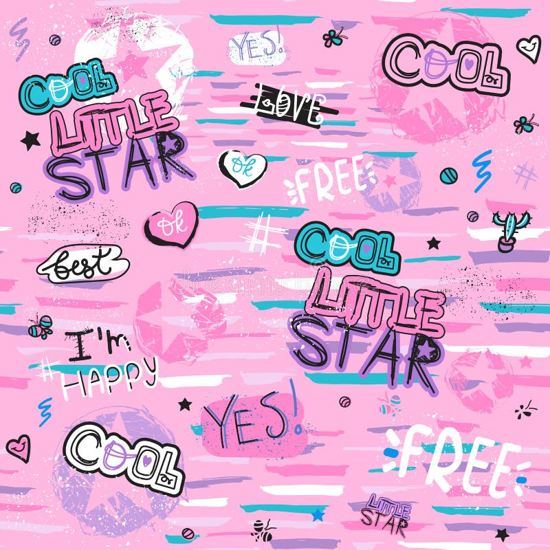 Glamour naadloos patroon met hart, stickers, tekst, sterren Koel Weinig ster Meisjesachtige druk voor kleren, textiel, verpakkend stock illustratie Glamour naadloos patroon met hart, stickers, tekst, sterren Koel Weinig ster Meisjesachtige druk voor kleren, textiel, verpakkend stock illustratie
