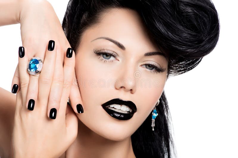 Glamour woman's nails , lips and eyes painted color black. stock photos Glamour woman's nails , lips and eyes painted color black. stock photos