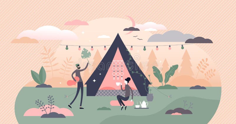 Glamping, camping and outdoor romantic activity in flat tiny persons concept vector illustration. Outdoor picnic holiday with accommodation in romantic tourist forest tent. Couple relaxation in nature. Glamping, camping and outdoor romantic activity in flat tiny persons concept vector illustration. Outdoor picnic holiday with accommodation in romantic tourist forest tent. Couple relaxation in nature