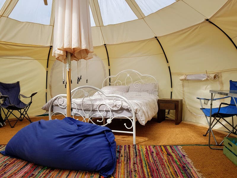 Glamping, the interior of a glamping camping tent in Exmoor stock photo Glamping, the interior of a glamping camping tent in Exmoor stock photo
