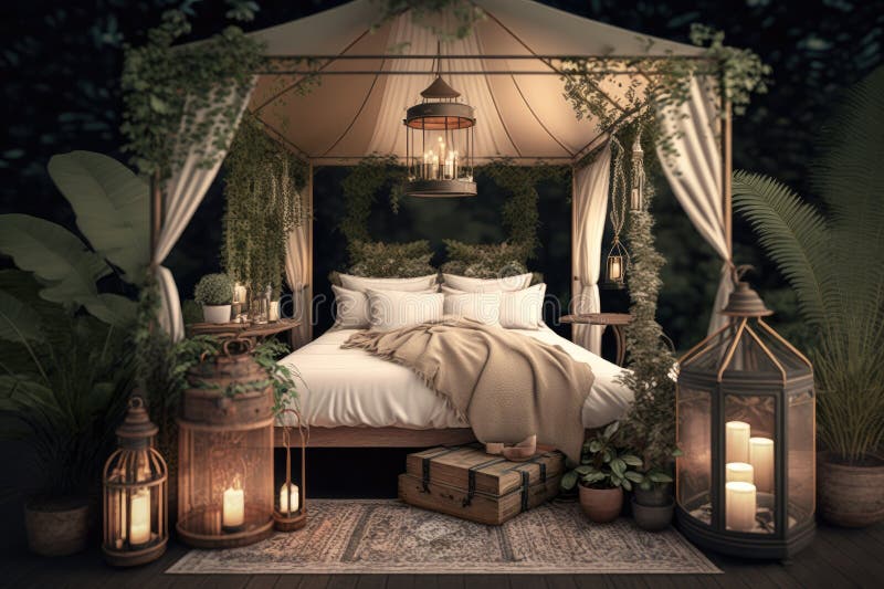 Glamping Set Up with Canopy Bed and Lanterns, Surrounded by Greenery