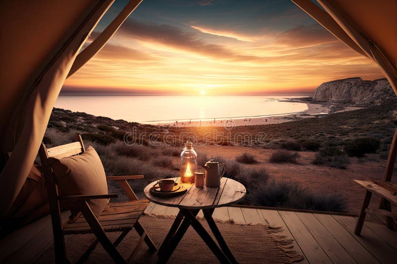 Glamping Setup with a View of the Sunset Over the Ocean Stock