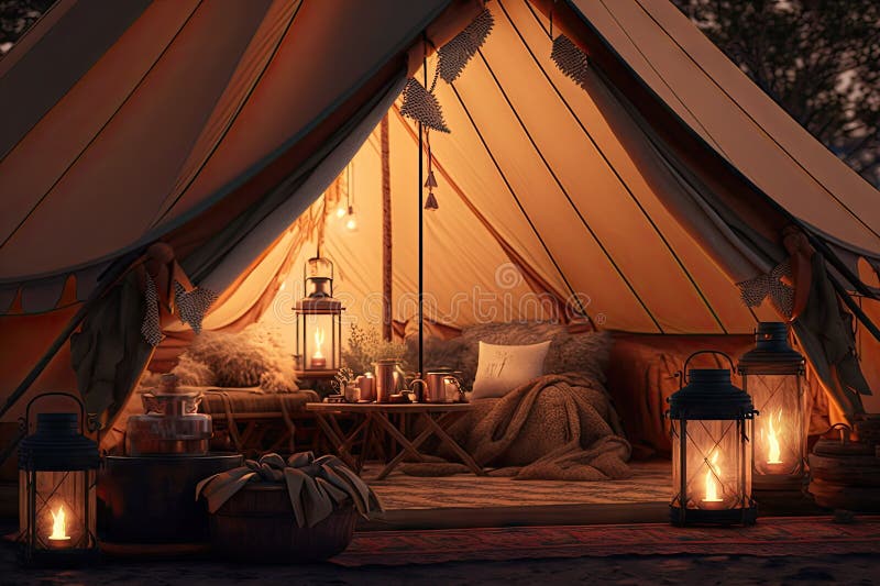 Glamping Tent with Lanterns and Candles for Warm, Cozy Atmosphere Stock
