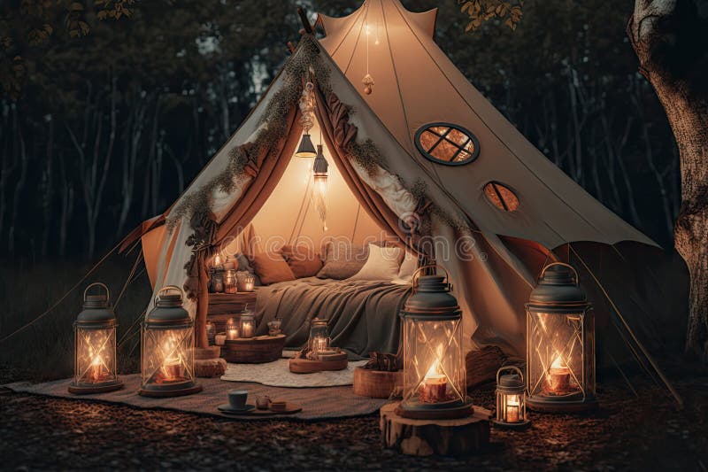 Glamping Tent with Lanterns and Tea Light Candles for a Cozy Atmosphere Stock Image Image of
