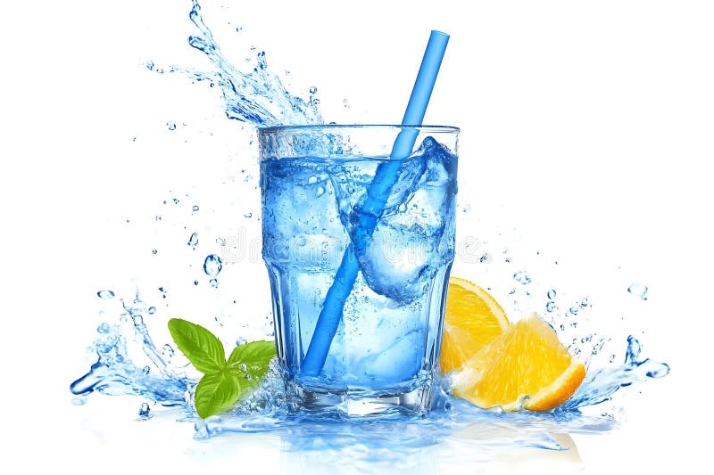 Glas aus reinem Wasser mit Stroh-Zitrone und Minze. Erfrischendes Sommergetränk. Generative AI : stock abbildung