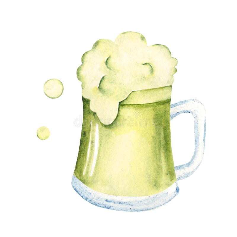 Glas av Ale mug med skum. Pint of Irish green Beer. Handritad vattenfärgsillustration traditionell St St.. Patricks Day Drink. vektor illustrationer