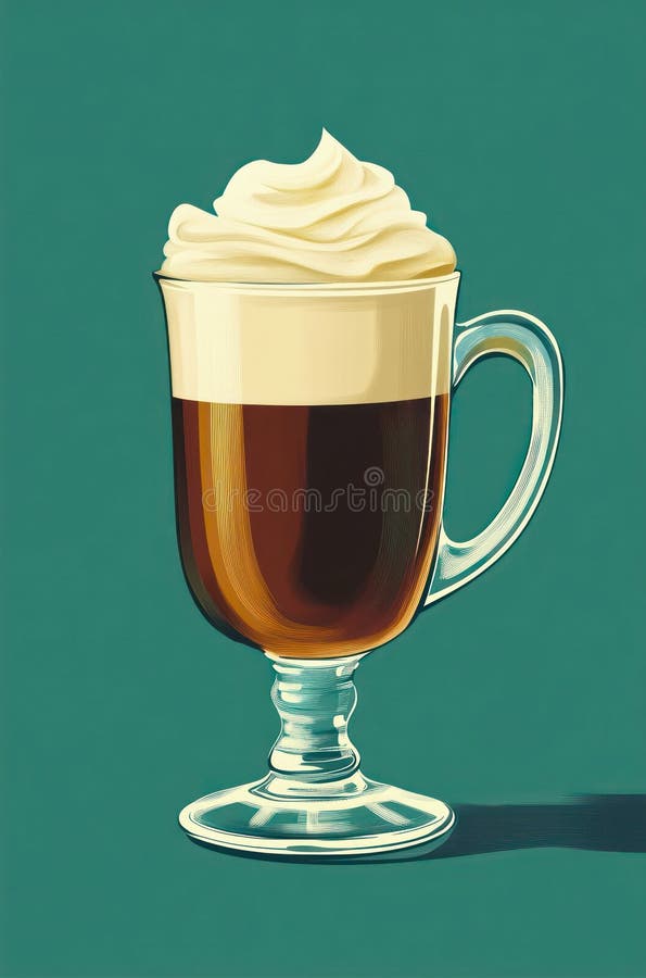 Glas av irländskt kaffe på blå bakgrund. vektor illustrationer