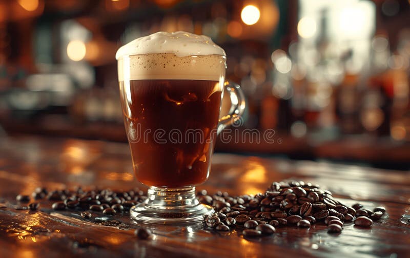 Glas av irländskt kaffe står på en barrräknare stock illustrationer