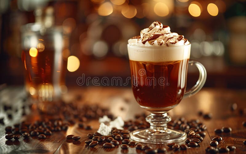 Glas av irländskt kaffe, täckt med vispgrädde och chokladpulver royaltyfri illustrationer