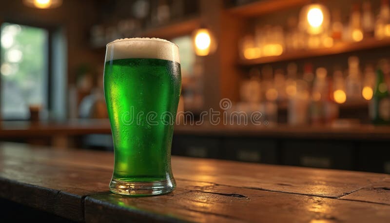 Glas av kallgrönt öl på trästångräknare i mjukt fokus på pub. Traditionell irländsk dryck perfekt för St.. Patrick royaltyfri illustrationer