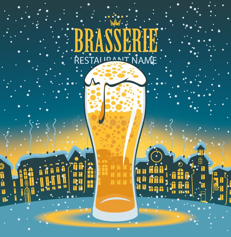 Glass of beer on the background of a winter city landscape. Glass of beer on the background of a winter city landscape