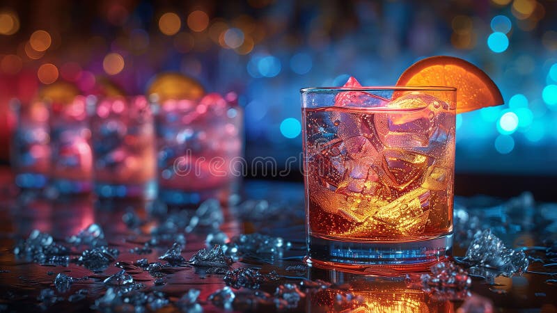 This Glass filled with ice cubes and a slice of orange on a white background. AI generated. This Glass filled with ice cubes and a slice of orange on a white background. AI generated
