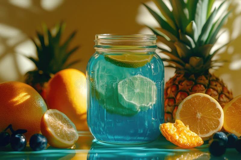 Glasgefäß mit blauer Flüssigkeit und Obst stockbilder