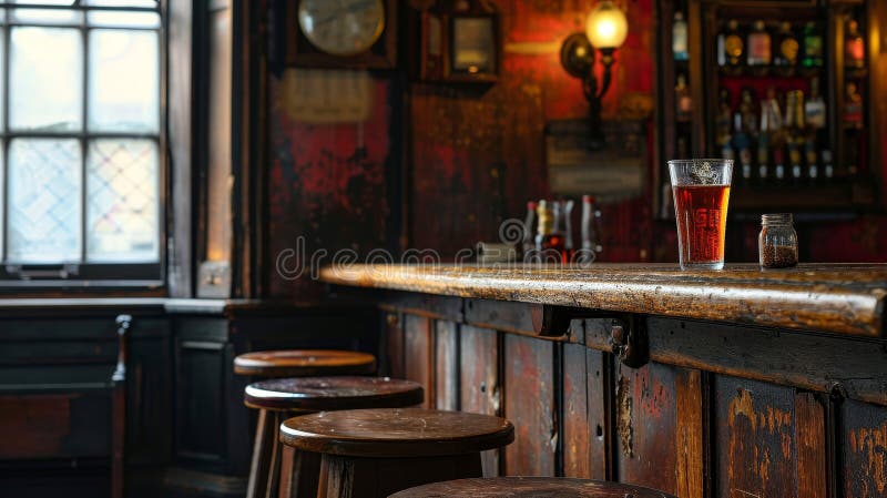 Glas lager öl på baren i en gammal engelsk eller irländsk pub. royaltyfri illustrationer