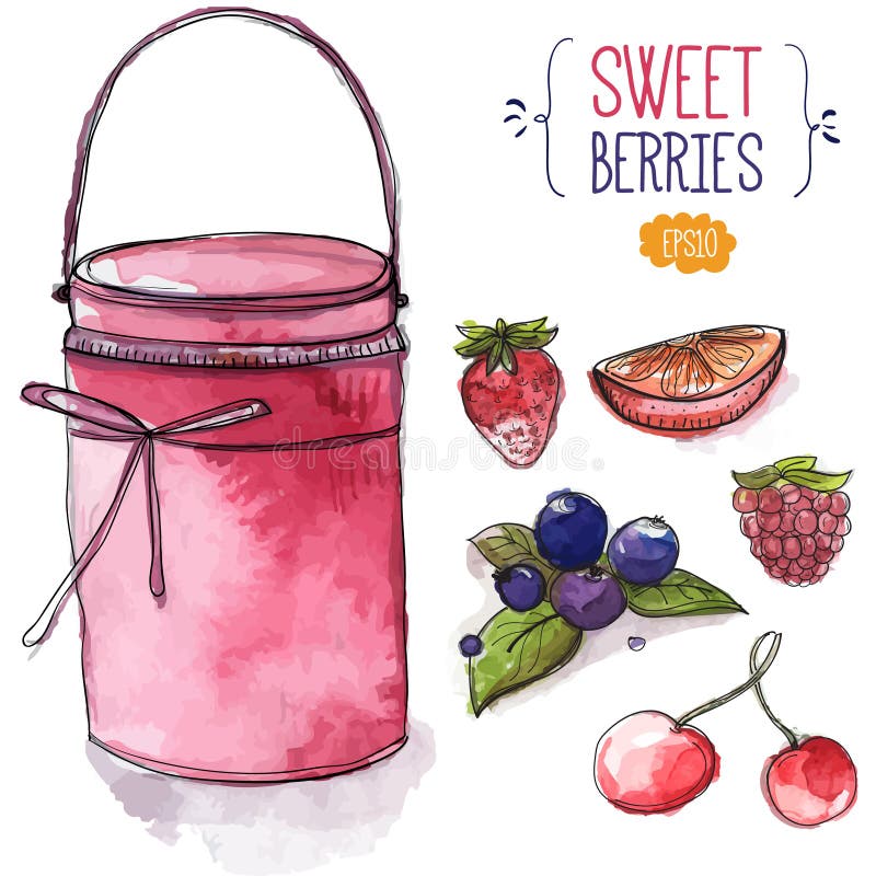 Glas rosa Stau und Beeren Erdbeere, Brombeere mit Blättern, Kirsche, Himbeere und orange Scheibe stock abbildung Glas rosa Stau und Beeren Erdbeere, Brombeere mit Blättern, Kirsche, Himbeere und orange Scheibe stock abbildung
