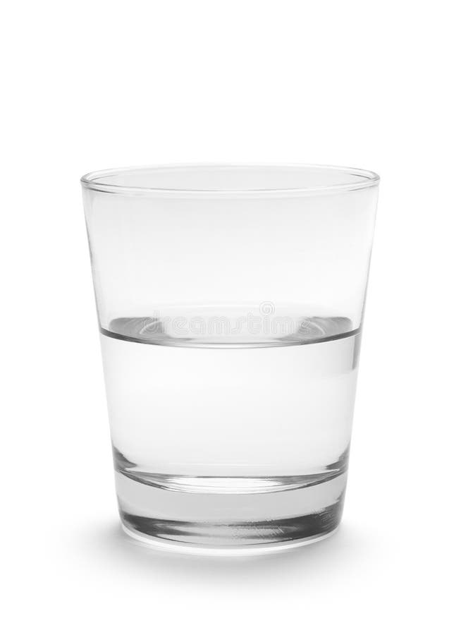 Small Glass of Water Half Full Isolated on White Background. Small Glass of Water Half Full Isolated on White Background.