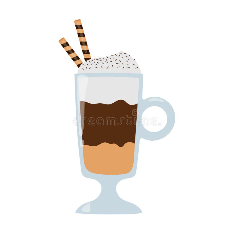 Glasaktig latte med vispad grädde och våffel. handritad illustration i platt stil i tecknad form stock illustrationer