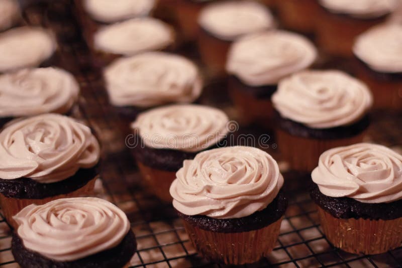 Glaserade muffin för smör kräm på kuggen - ordna till för parti/beröm arkivbilder Glaserade muffin för smör kräm på kuggen - ordna till för parti/beröm arkivbilder