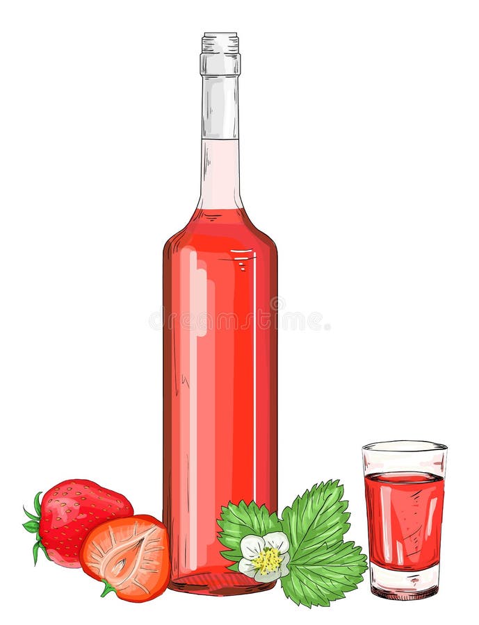 Glasfles met de likeurvector van de aardbeialcohol stock illustratie Glasfles met de likeurvector van de aardbeialcohol stock illustratie