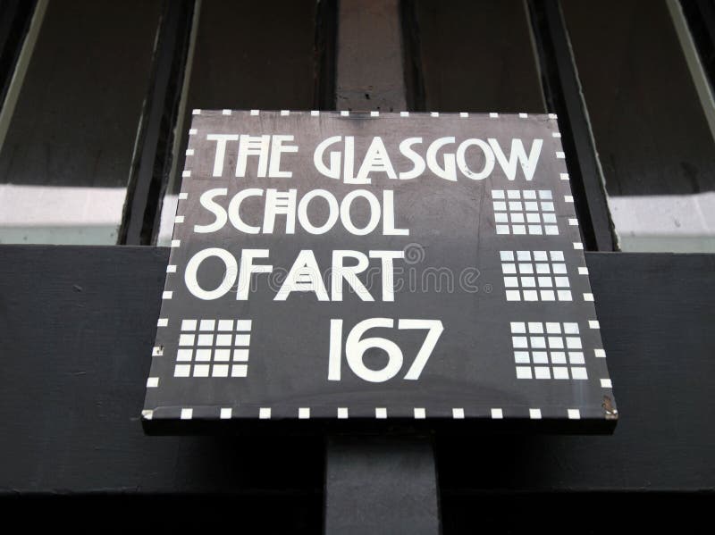Glasgow, Scotland, UK. Close up of sign at the entrance to the Glasgow School of Art building, Renfrew Street, designed by architect Charles Rennie Mackintosh. Glasgow, Scotland, UK. Close up of sign at the entrance to the Glasgow School of Art building, Renfrew Street, designed by architect Charles Rennie Mackintosh.