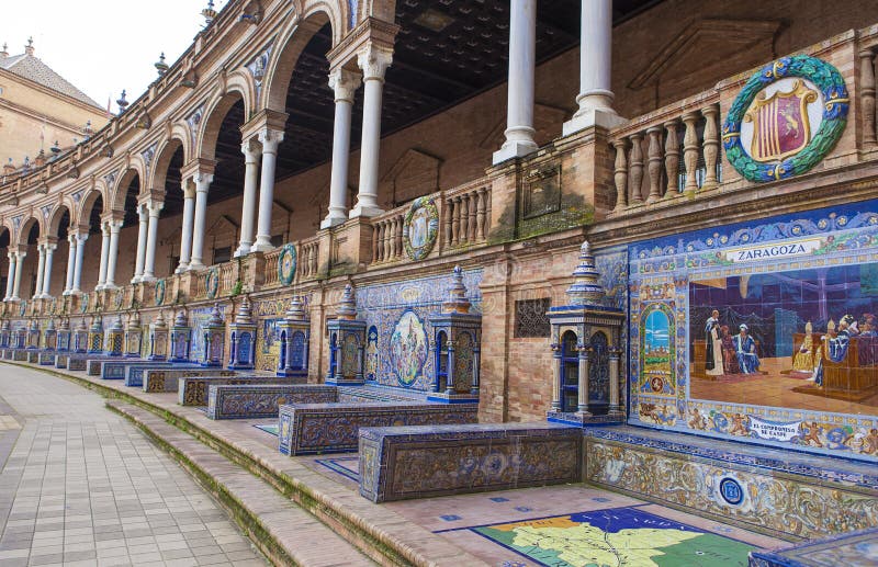 Glazed tiles benches of spanish provinces at Plaza de Espana, Seville, Spain. Glazed tiles benches of spanish provinces at Plaza de Espana, Seville, Spain