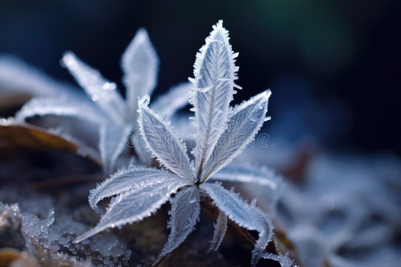Glaskristaller som bildar frostblommor på ett fryst blad stock illustrationer
