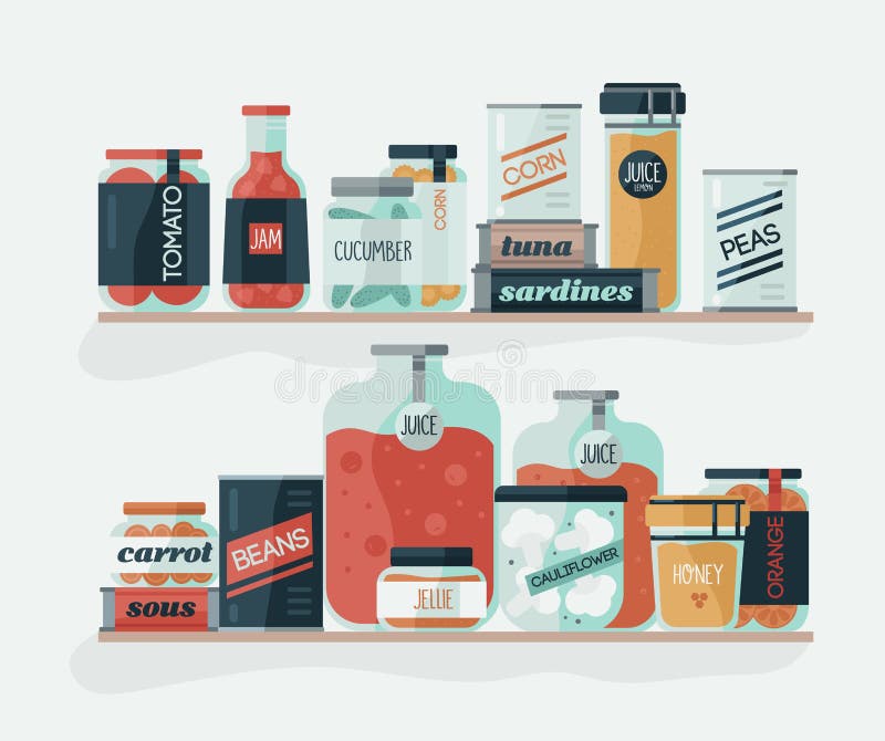 Glaskruiken en blikken met groenten in het zuur op planken Heerlijk ingeblikt voedsel, organische voeding, eigengemaakte domeinen vector illustratie Glaskruiken en blikken met groenten in het zuur op planken Heerlijk ingeblikt voedsel, organische voeding, eigengemaakte domeinen vector illustratie