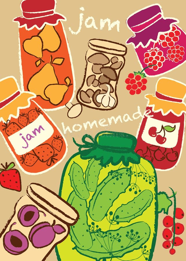 Glaskruiken, jam, eigengemaakte domeinen, illustratie royalty-vrije illustratie Glaskruiken, jam, eigengemaakte domeinen, illustratie royalty-vrije illustratie