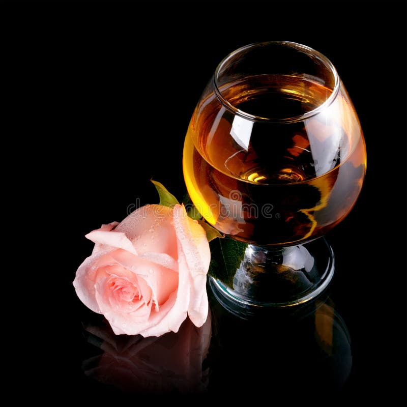 Glass with Alcohol and Rose and Gift Box Stock Image Image of black