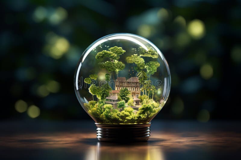 Glass ball with house and tree inside. 3d illustration. save the world concept royalty free illustration